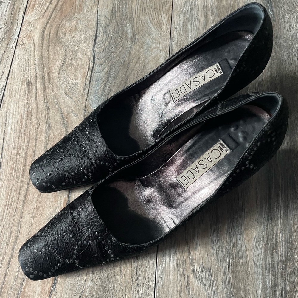 Casadei black satin pumps with sparkle detail.  7.5